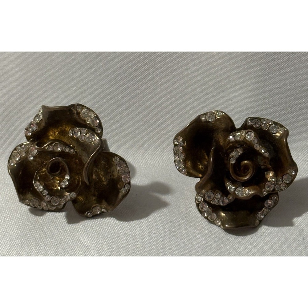 Rose Flower Statement Rings Lot of 2 Gold Tone Rhinestone Oversized Costume